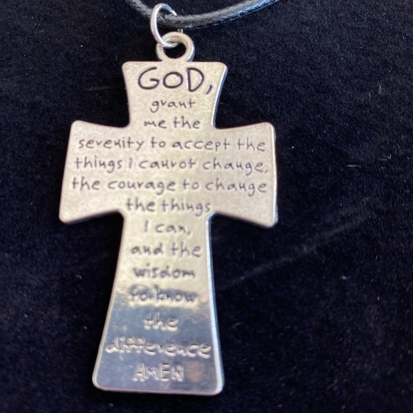 Silver cross with serenity prayer pendant on 17” adjustable corded necklace. - Picture 2 of 3
